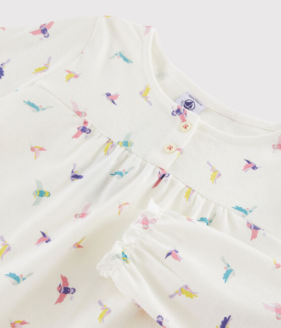 Pyjama imprimé oiseaux petite fille en côte blanc MARSHMALLOW/blanc MULTICO