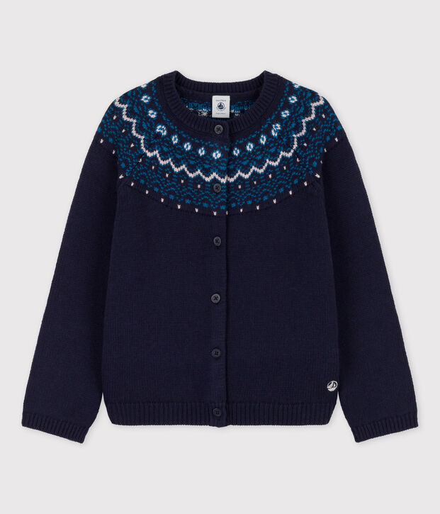 Cardigan laine et coton enfant fille bleu/multicouleur