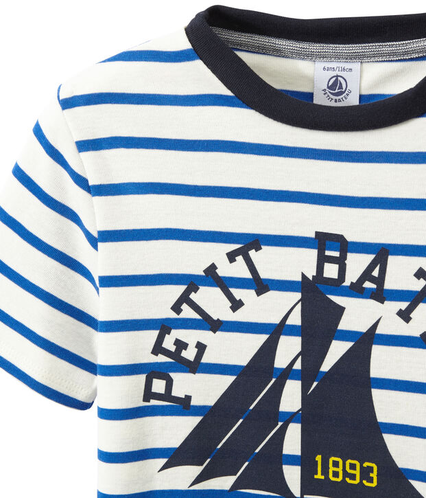 T-shirt gar&ccedil;on ray&eacute; et s&eacute;rigraphi&eacute; blanc/bleu