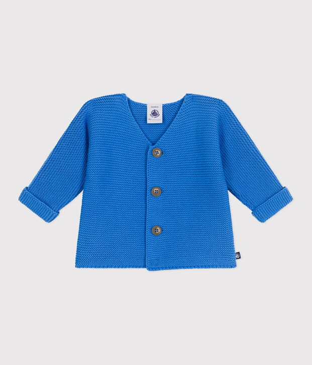 Cardigan b&eacute;b&eacute; tricot point mousse en coton bleu