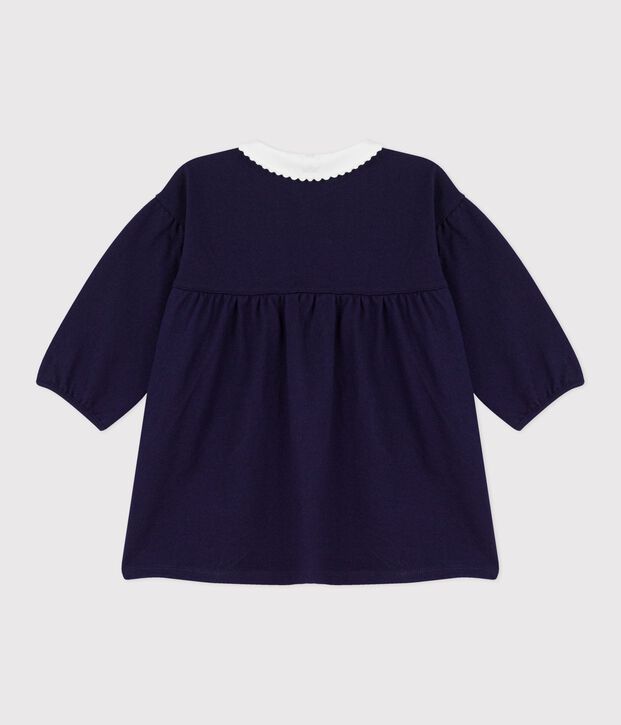 Robe b&eacute;b&eacute; en coton manches longues unie &agrave; col et d&eacute;tails brod&eacute;s bleu marine