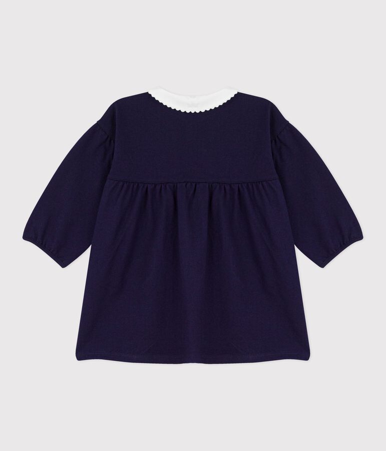 Robe b&eacute;b&eacute; en coton manhces longues unie &agrave; col et d&eacute;tails brod&eacute;s bleu SOIR