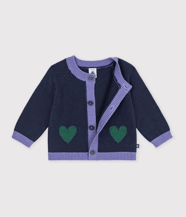 Cardigan b&eacute;b&eacute; en tricot laine et coton et motifs jacquards c&oelig;urs bleu/multicouleur