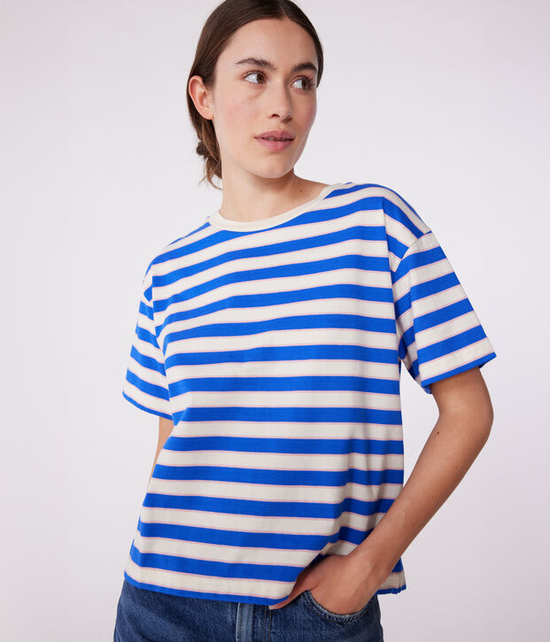 Tee-shirt Femme Le Boxy en coton ray&eacute; &eacute;cru/multicouleur