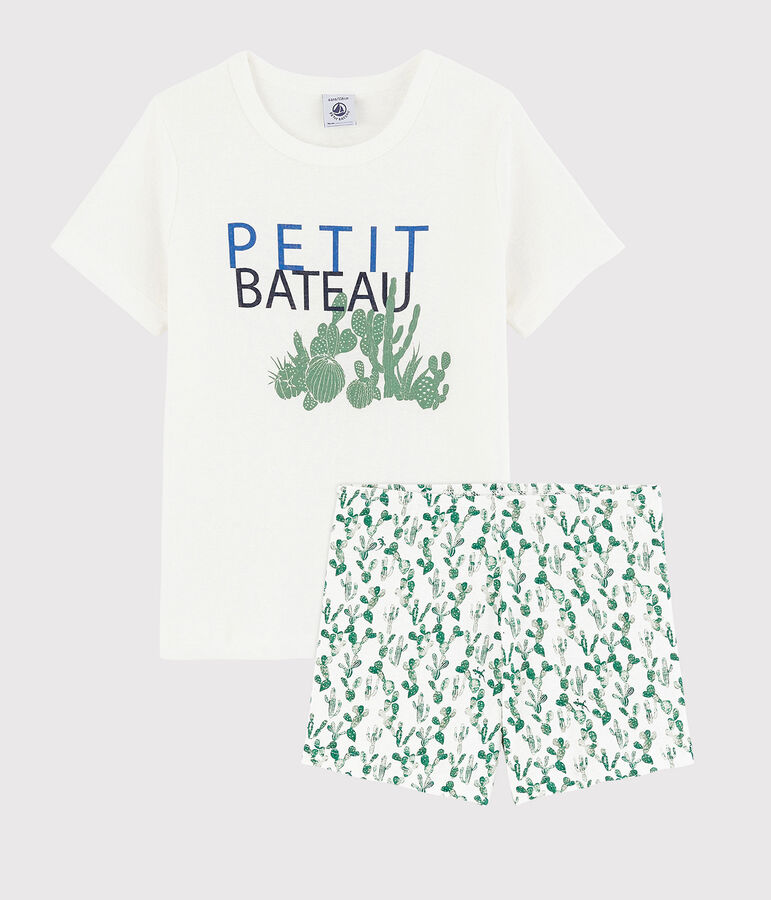 Pyjacourt cactus petit gar&ccedil;on en coton et lin blanc MARSHMALLOW/blanc MULTICO