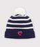 Bonnet b&eacute;b&eacute; &agrave; rayures en tricot  doubl&eacute; polaire bleu/&eacute;cru