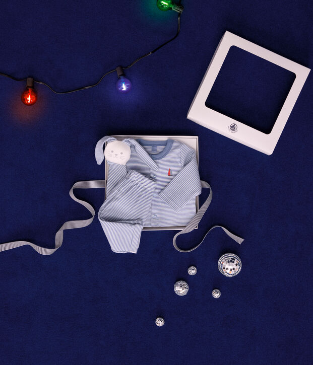 Coffret ensemble 3 pi&egrave;ces en coton b&eacute;b&eacute; bleu/blanc