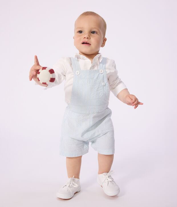 Salopette courte b&eacute;b&eacute; en coton, ray&eacute;e bleu/bleu