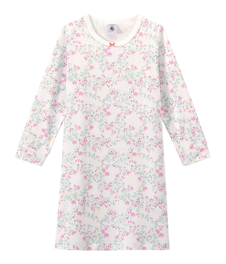Chemise de nuit fille manches longues imprim&eacute;e blanc ECUME/blanc MULTICO