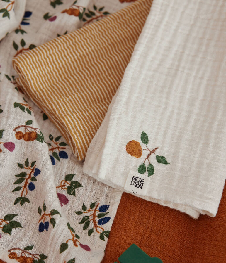 Lot de 3 langes b&eacute;b&eacute; imprim&eacute;s fruits et milleraies blanc/jaune/multicouleur