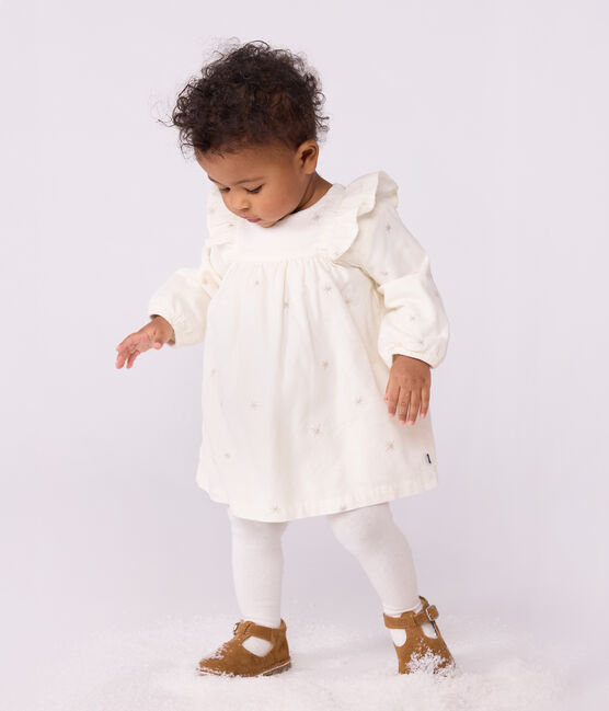 Robe bébé en velours côtelé manches longues brodée écru MILK/ ARGENT