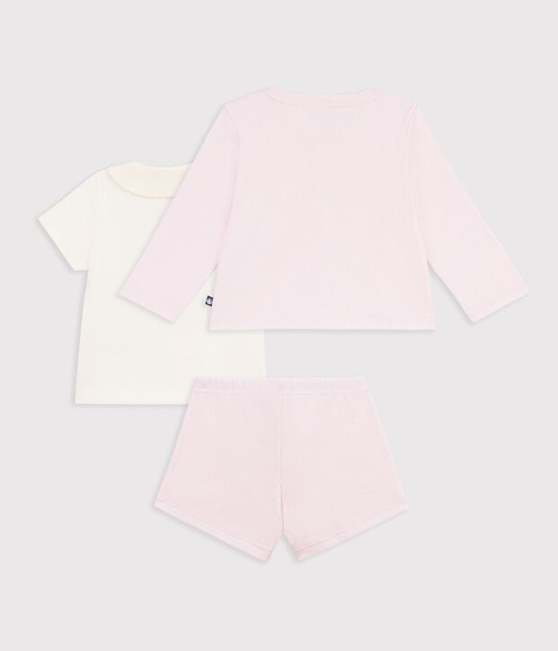 Ensemble 3 pi&egrave;ces b&eacute;b&eacute; en coton avec broderies au col rose clair