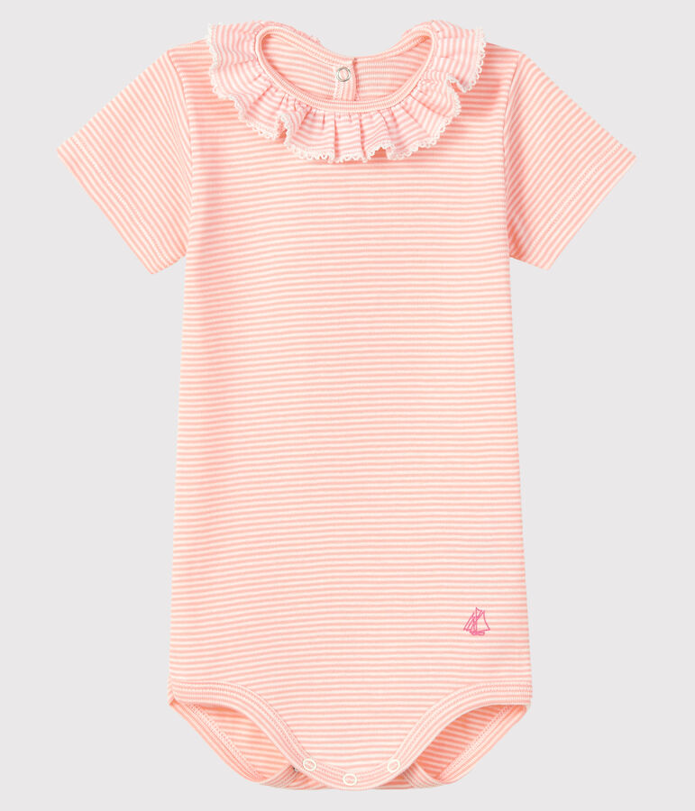 Body b&eacute;b&eacute; fille &agrave; collerette rose/blanc