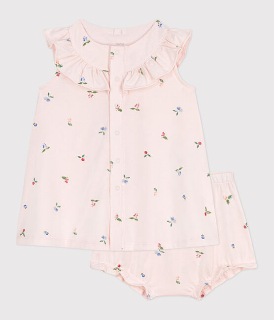 Robe bébé en coton à manches courtes et bloomer imprimé fruits rose FLEUR/blanc MULTICO