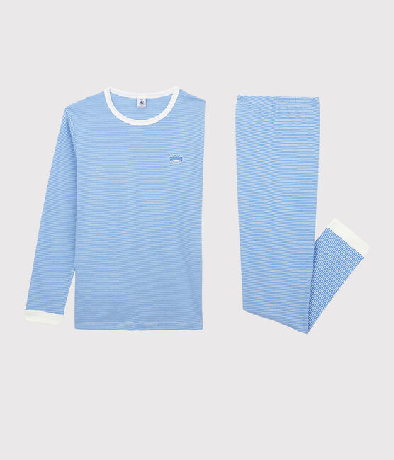 Pyjama milleraies bleu fille/garçon en coton biologique bleu BRASIER/gris MARSHMALLOW