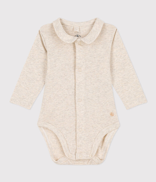 Body manches longues &agrave; col en coton b&eacute;b&eacute; beige chin&eacute;