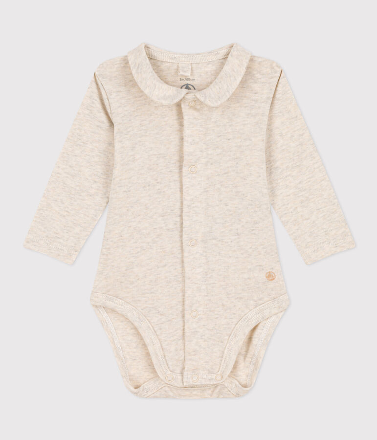 Body manches longues &agrave; col en coton b&eacute;b&eacute; beige
