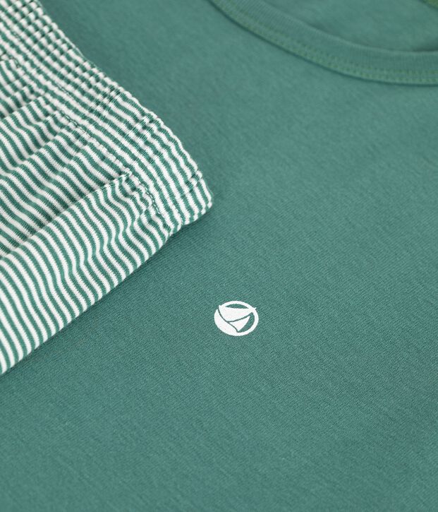 Pyjama short enfant en coton &agrave; rayures vert/blanc