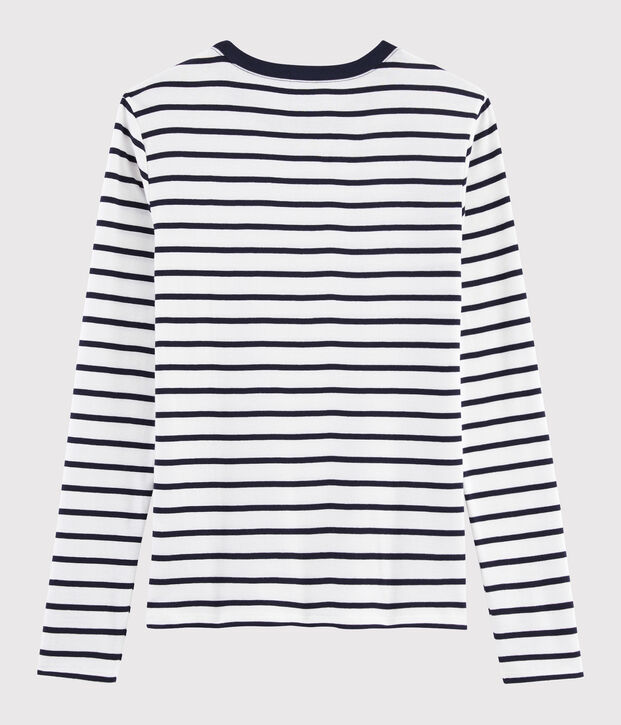 T-shirt col rond iconique en coton ray&eacute; Femme blanc/bleu