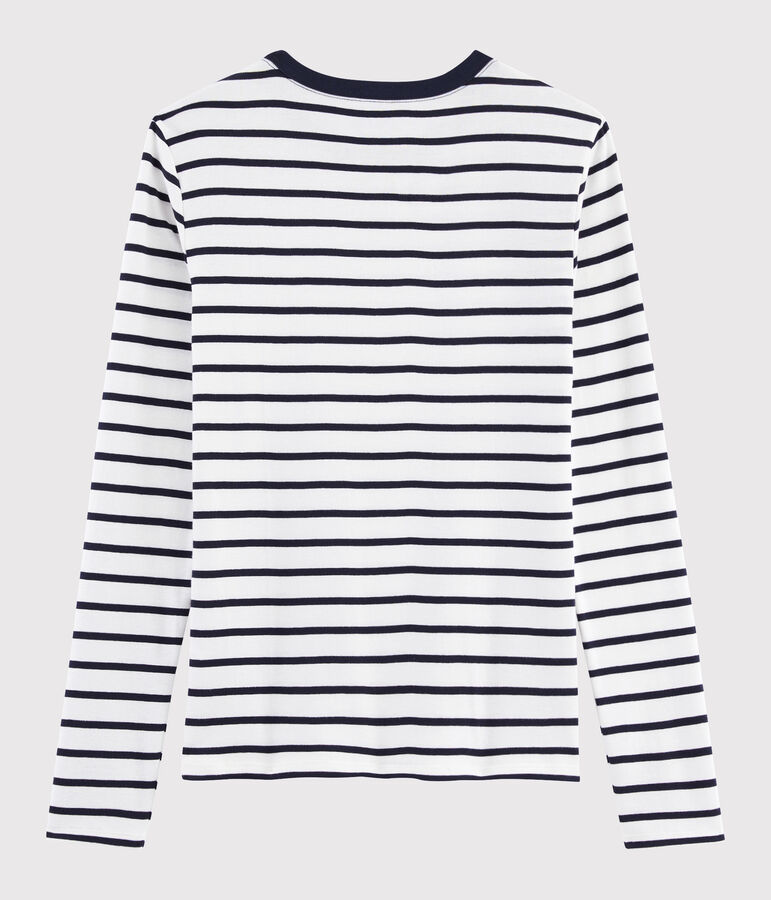 T-shirt col rond iconique en coton ray&eacute; Femme blanc/bleu