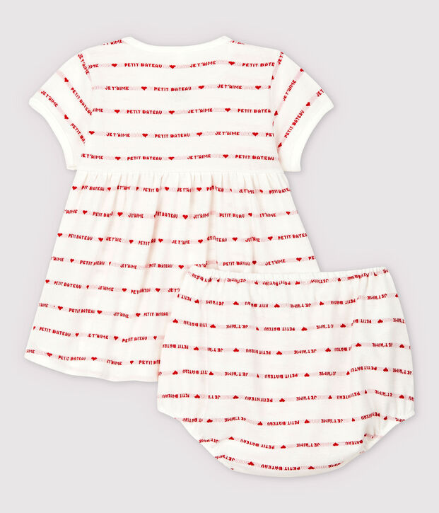 Robe manches courtes avec bloomer b&eacute;b&eacute; fille en jacquard en coton biologique blanc/rouge