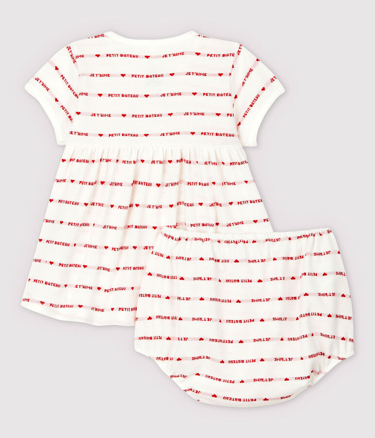 Robe manches courtes avec bloomer b&eacute;b&eacute; fille en jacquard en coton biologique blanc MARSHMALLOW/rouge TERKUIT