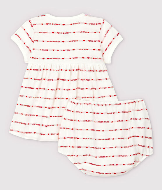 Robe manches courtes avec bloomer bébé fille en jacquard en coton biologique blanc MARSHMALLOW/rouge TERKUIT