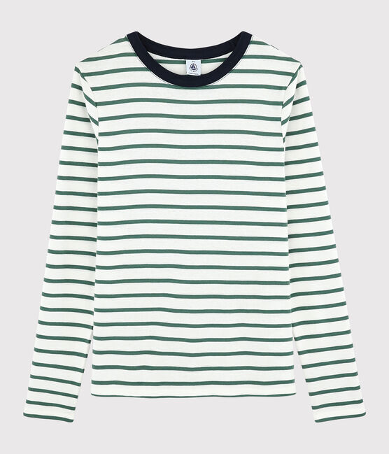 T-shirt col rond iconique en coton Femme blanc MARSHMALLOW/vert VALLEE