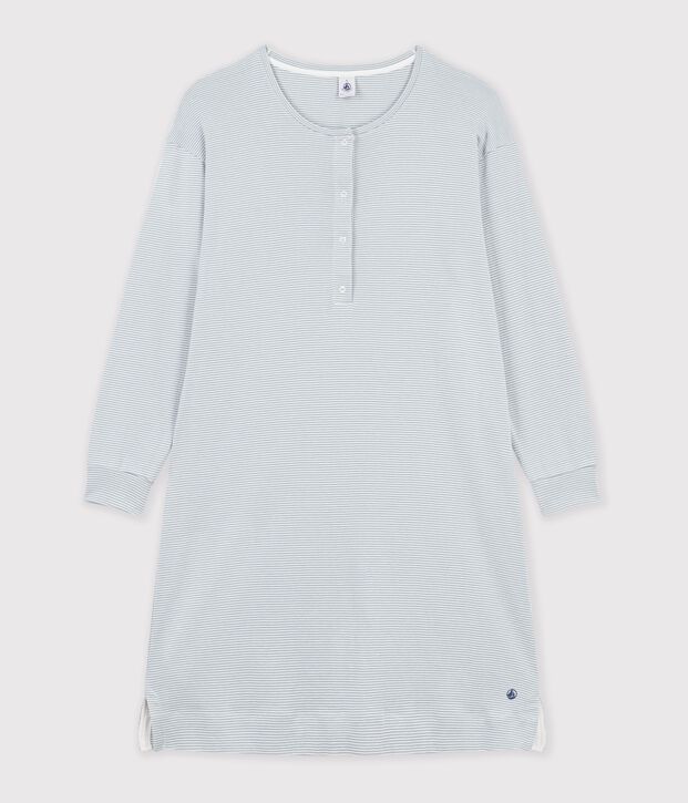 Chemise de nuit femme en coton col tunisien &agrave; rayures gris/blanc