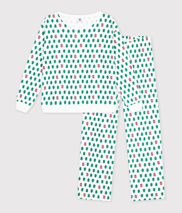 Pyjama femme en coton imprim&eacute; sapins blanc/multicouleur