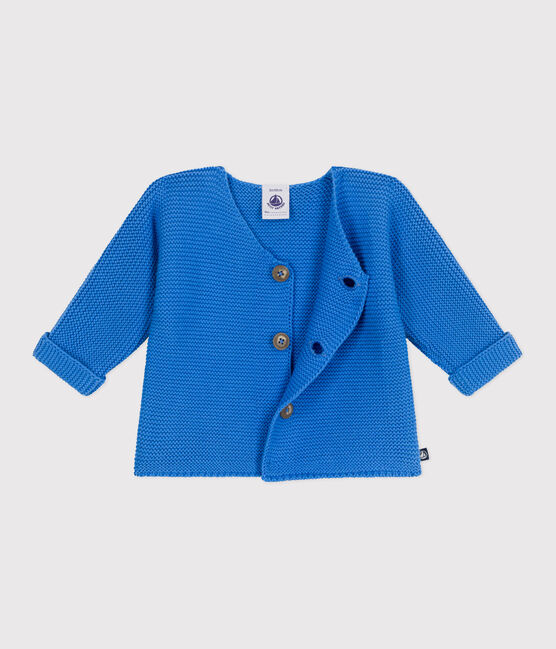 Cardigan bébé tricot point mousse en coton bleu EDNA