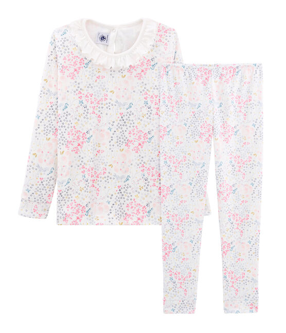 Pyjama petite fille coupe très ajustée en côte blanc MARSHMALLOW/blanc MULTICO