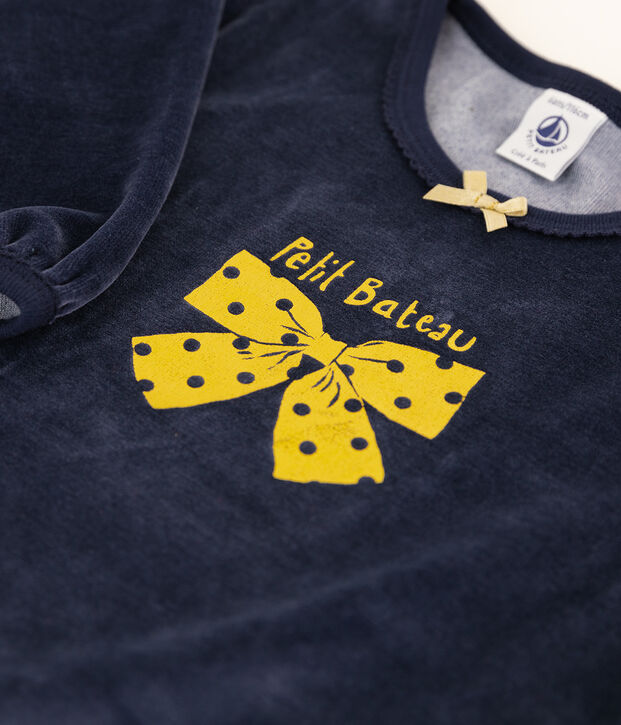 Pyjama petite fille motif n&oelig;ud en velours bleu marine