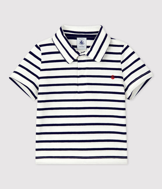 Polo manches courtes rayé marinière en jersey bébé blanc MARSHMALLOW/bleu SMOKING