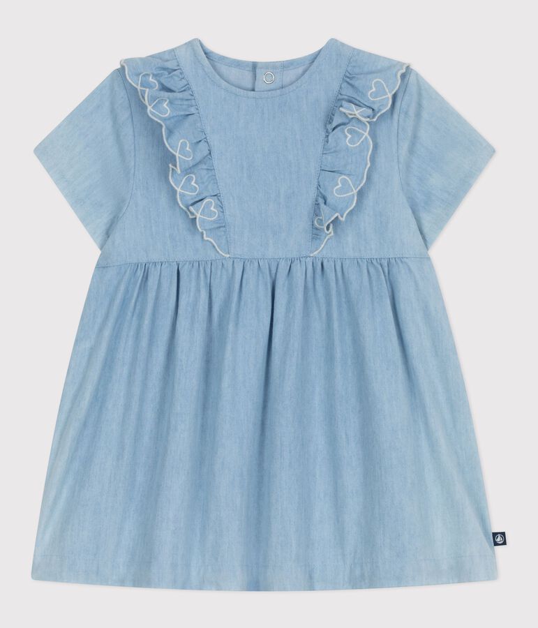 Robe b&eacute;b&eacute; en coton manches courtes en chambray, brod&eacute;e de c&oelig;urs bleu BLEU CLAIR