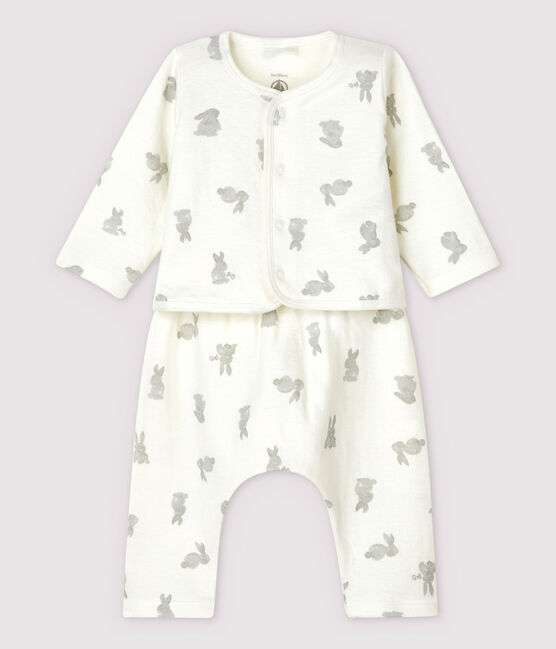 Ensemble 2 pièces blanc à lapins bébé en tubique en coton biologique blanc MARSHMALLOW/gris GRIS