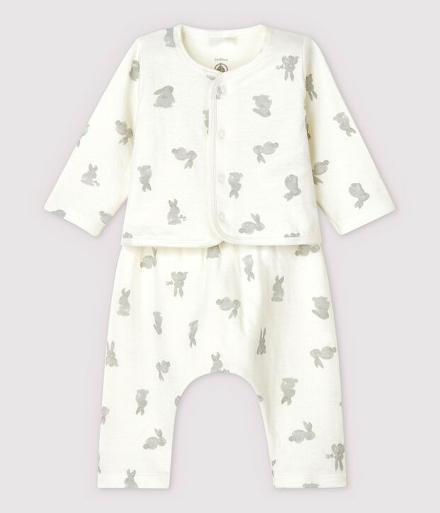 Ensemble 2 pi&egrave;ces blanc &agrave; lapins b&eacute;b&eacute; en tubique en coton biologique blanc/gris