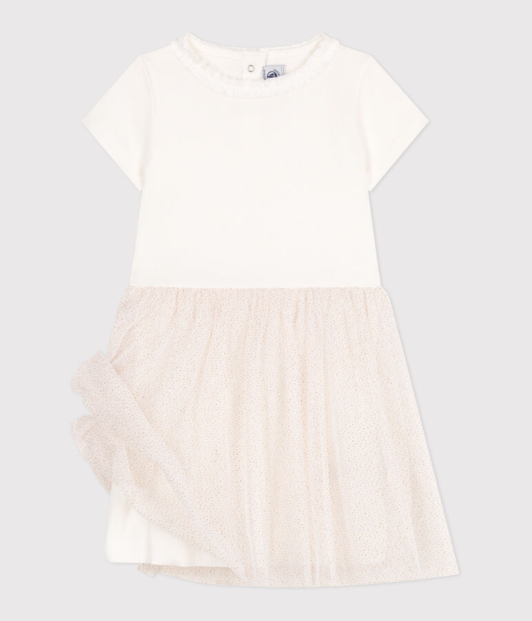 Robe enfant en coton et tulle manches courtes blanc MARSHMALLOW/rose COPPER