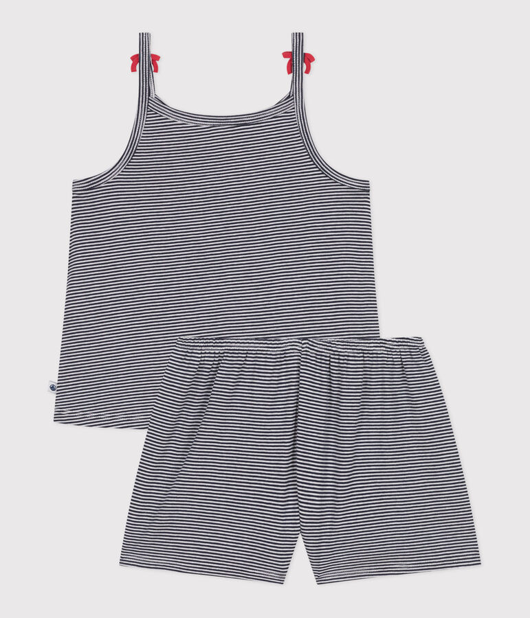 Pyjama short enfant en coton &agrave; bretelles &agrave; rayures bleu/blanc