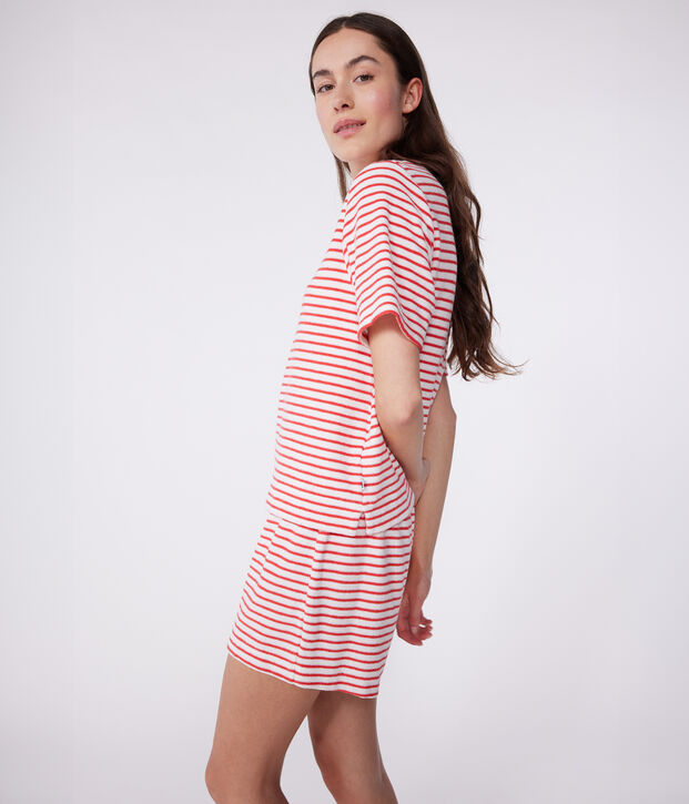 Pyjama short femme en coton &agrave; rayures rouge/rouge