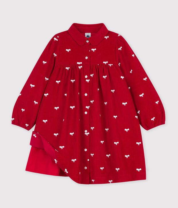 Robe enfant en velours manches longue imprim&eacute;e n&oelig;uds rouge/&eacute;cru
