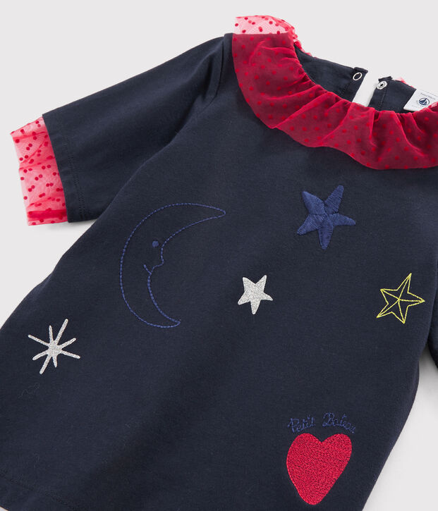 Tee-shirt brod&eacute; enfant fille bleu marine