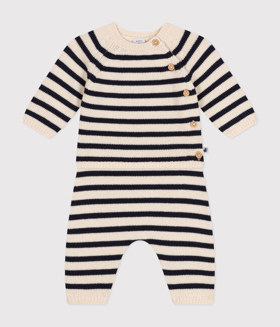Ensemble en tricot laine et coton rayure marinière bébé blanc AVALANCHE/bleu SMOKING
