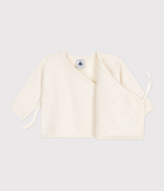 Brassière bébé cache-cœur ajourée en tricot laine et coton blanc MARSHMALLOW