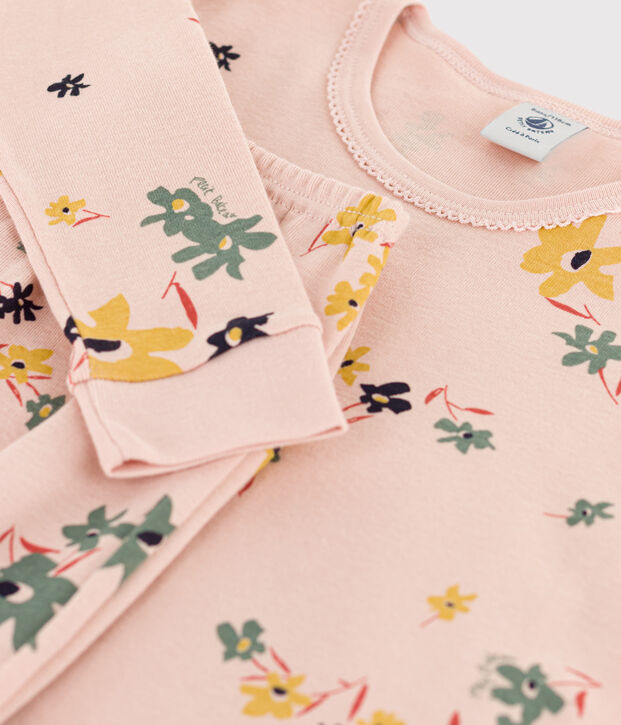 Pyjama ajust&eacute; fleur petite fille en coton rose/multicouleur