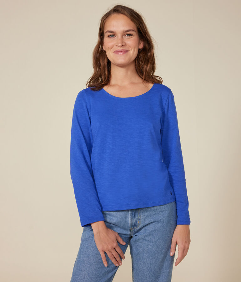 Tee-shirt Le Droit manches longues col danseuse en jersey flamm&eacute; femme bleu