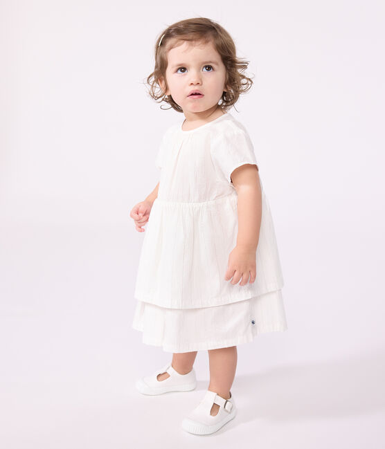 Robe cérémonie bébé en coton léger, manches courtes blanc ECUME/ ARGENT