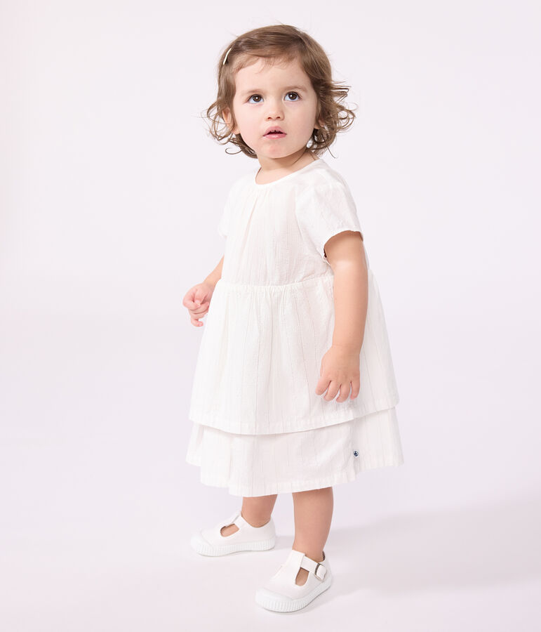 Robe c&eacute;r&eacute;monie b&eacute;b&eacute; en coton l&eacute;ger, manches courtes blanc ECUME/ ARGENT