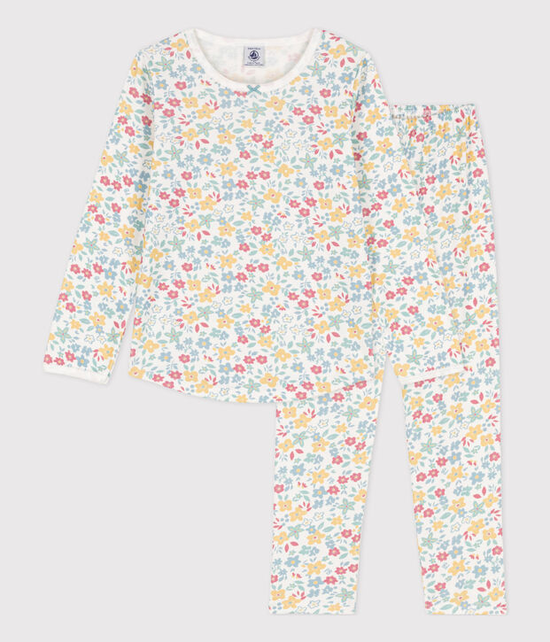 Pyjama fleurs en coton petite fille blanc/multicouleur
