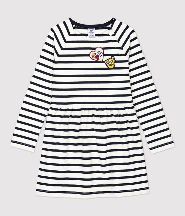 Robe manches longues en coton enfant fille blanc/bleu